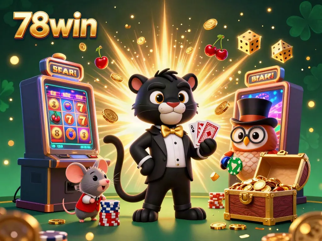 Experience the thrilling atmosphere of 78win with stylish characters dealing cards and flying slot game elements.