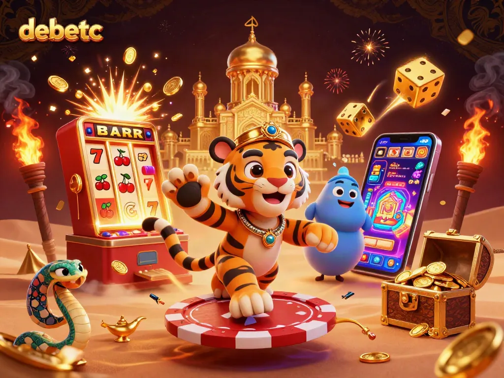 Experience the excitement of debetc through a dynamic Arabian-themed casino scene filled with jackpot elements.