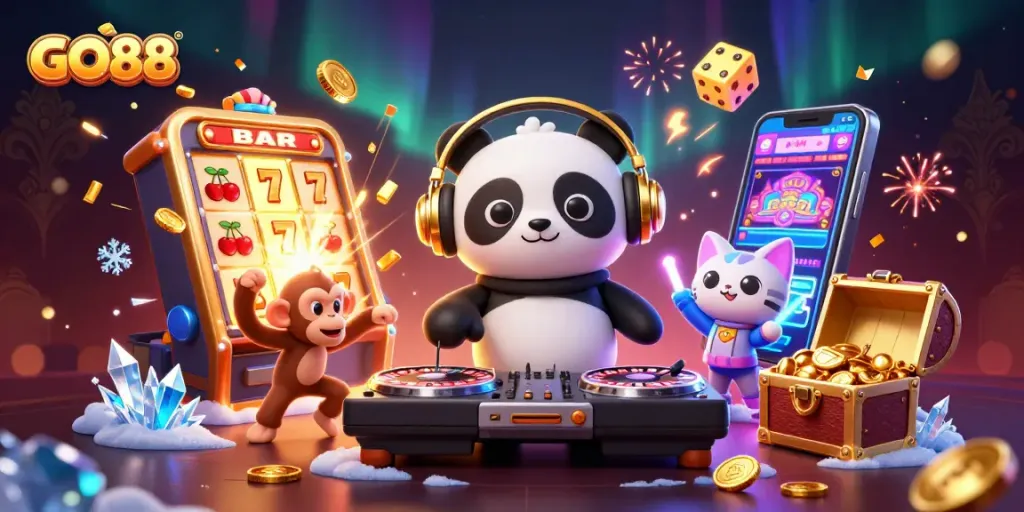 Get ready for fun with GO88 as DJ panda spins at a vibrant casino party!