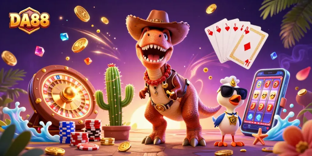 Experience DA88 like never before with a lively illustration featuring a cowboy dinosaur, dazzling coins, and casino elements.