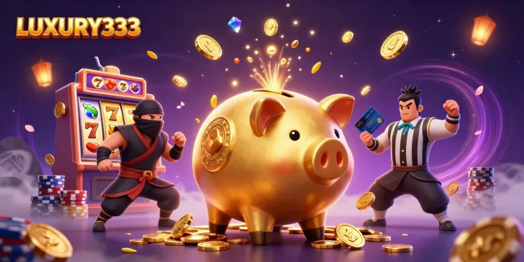 Permainan menarik di LUXURY333 dengan sumo bank emas, ninja dompet, dan samurai kartu.