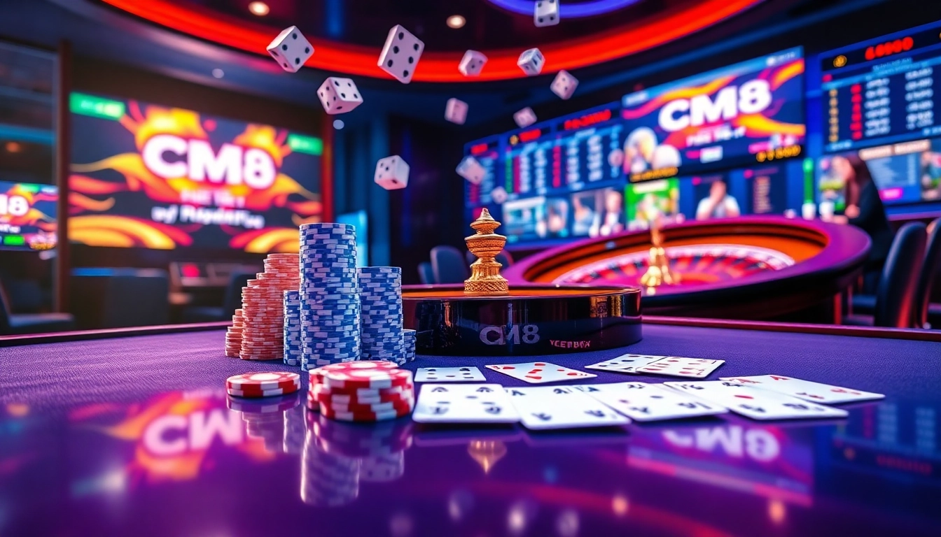 Experience the excitement of online gambling at CM88 with a luxurious casino scene showcasing roulette, poker chips, and vibrant action.