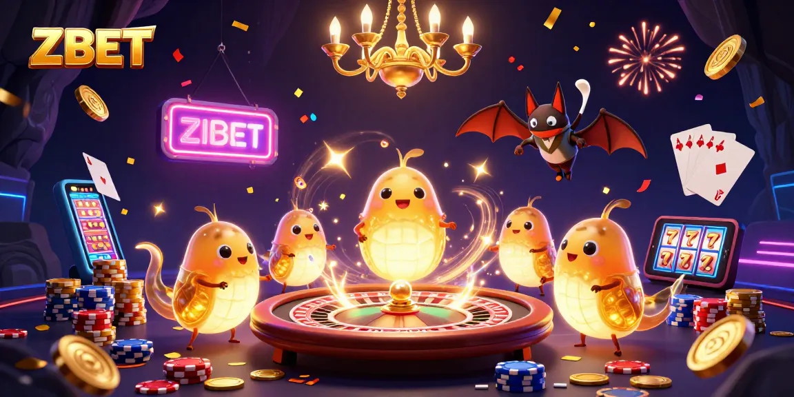 ZBET, a vibrant online casino experience with cartoon glowworms illuminating a cave filled with games and treasures.