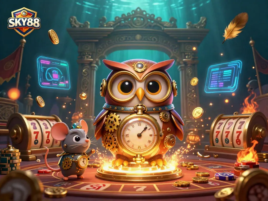 Engage in dynamic gameplay at SKY88 featuring 3D characters amidst a vibrant Victorian casino and futuristic holograms.