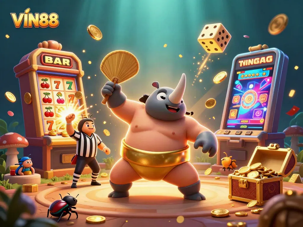 Engage with exhilarating Vin88 slot games as vibrant characters burst with joy and gold coins.