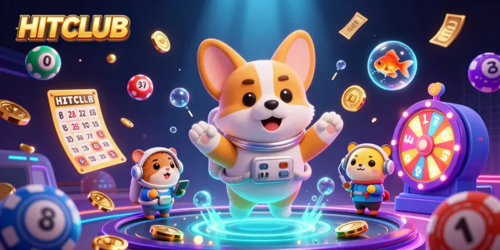 Engage in thrilling gameplay at HITCLUB with floating casino elements and vibrant lottery activities.