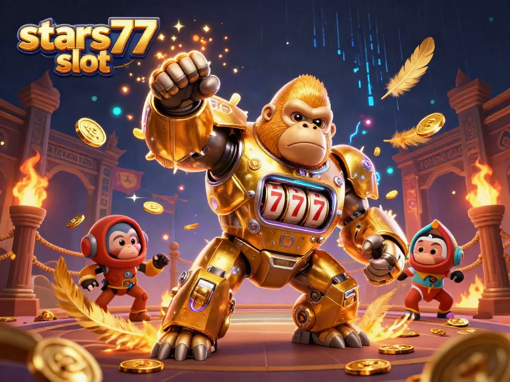Gorilla emas transformer yang menyajikan slot stars77, dengan efek visual menakjubkan.