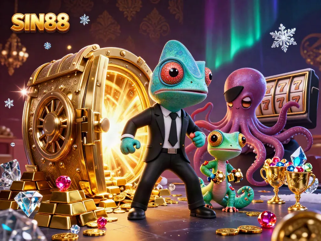 SIN88 showcases an exciting casino scene featuring a chameleon agent, a tech-gecko, and a villainous octopus amidst vibrant jackpots and treasures.
