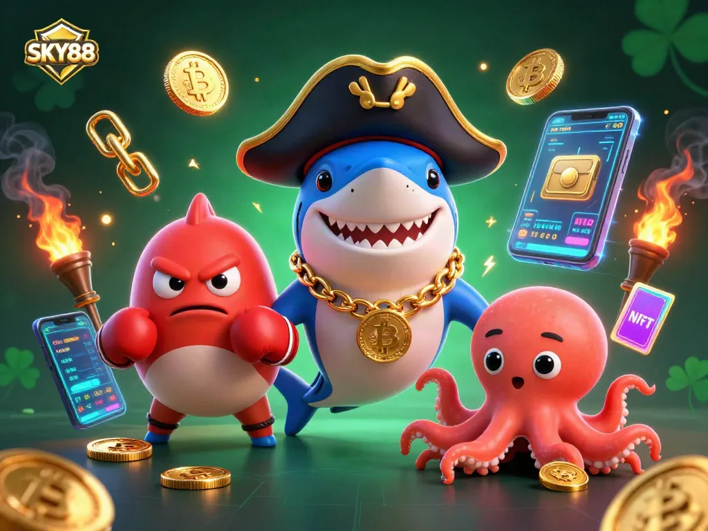 Experience the excitement of SKY88 with a vibrant 3D scene featuring a pirate shark, pufferfish, and octopus in dynamic casino action.