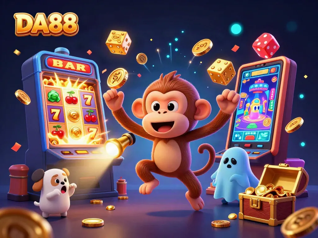 Join the thrilling DA88 casino adventure with a monkey juggling gold as a puppy tracks it!
