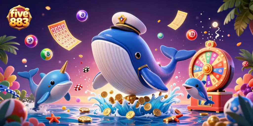 Experience thrilling gaming at five883 with a vibrant casino scene featuring lively characters and exciting elements.