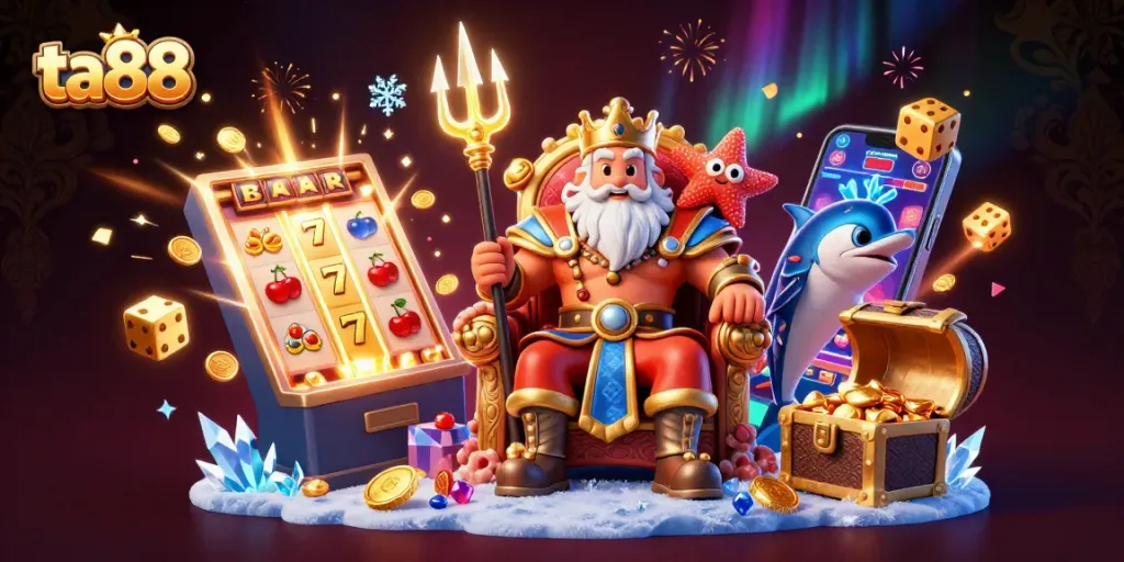 Join the thrill of ta88 with a vibrant casino scene showcasing slot machines, keno, and a 3D Neptune.