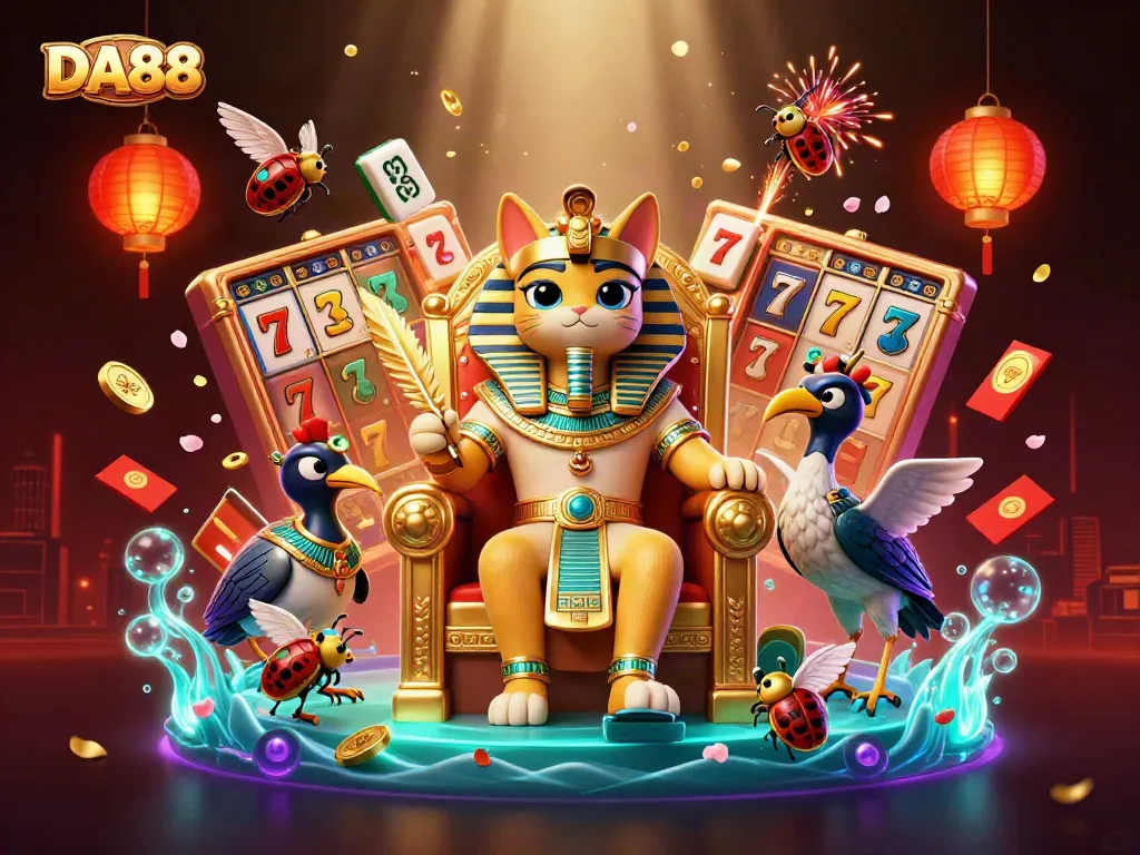 Experience the excitement of DA88 with a dynamic illustration of a pharaoh cat surrounded by casino elements and vibrant colors.