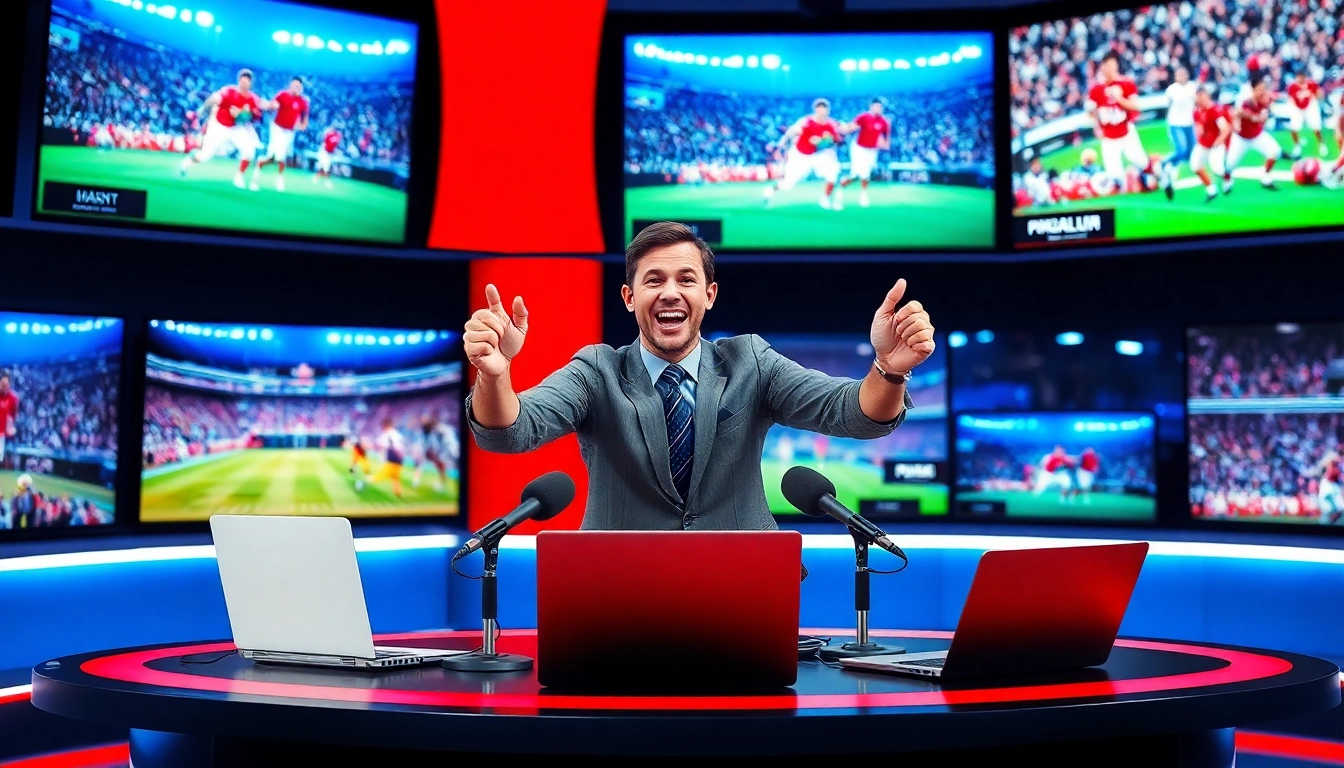 Engaging sports broadcasting in a studio with screens and vibrant highlights.