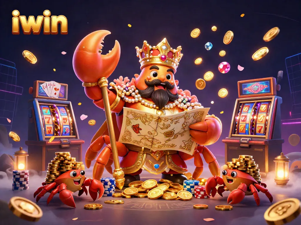 iwin showcases a vibrant casino-themed 3D illustration with a golden crab emperor amid dynamic gaming elements.