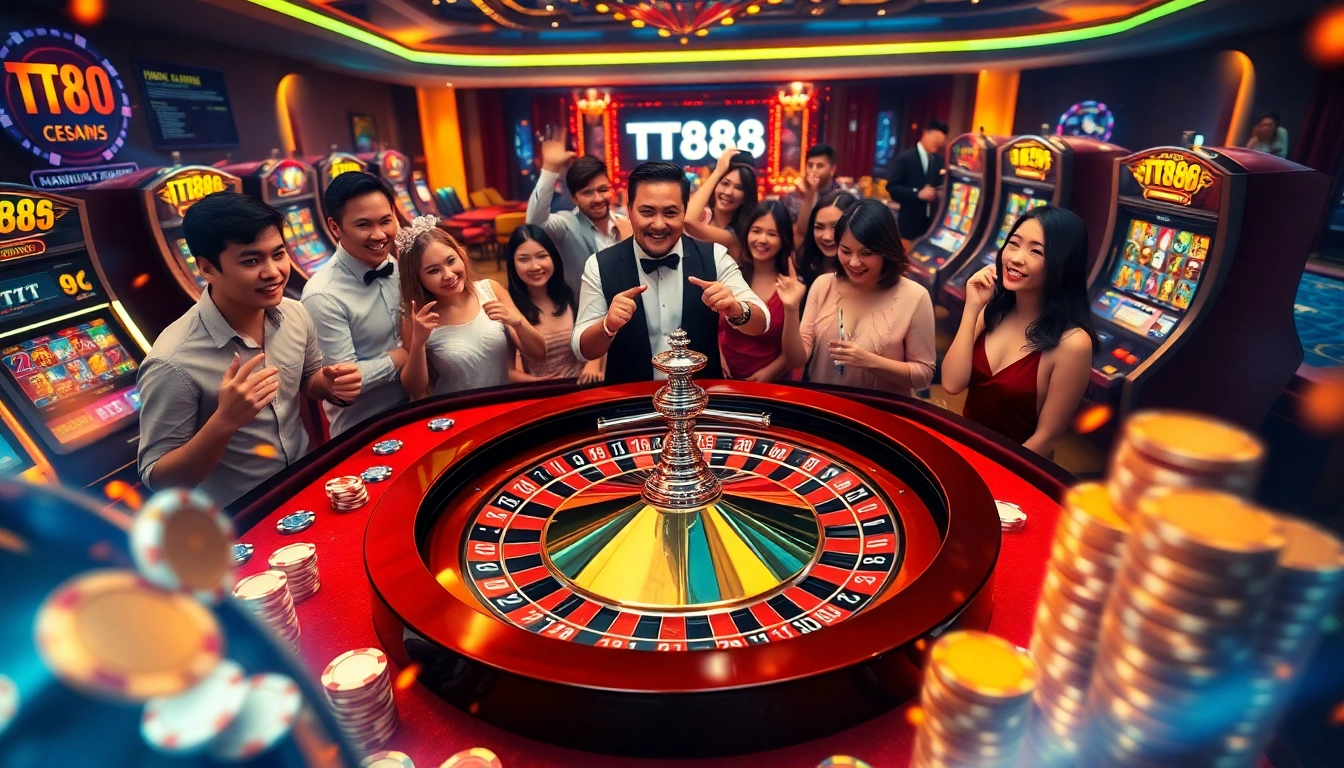 Experience the excitement of TT88 casino with vibrant roulette tables and playing chips.