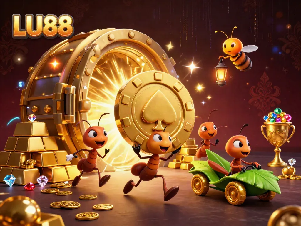 LU88 ants executing a heist for a massive poker chip in a vibrant casino-themed illustration.