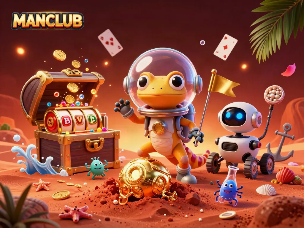 Engage in thrilling gameplay at MANCLUB's golden casino with Martian characters exploring gambling treasures.