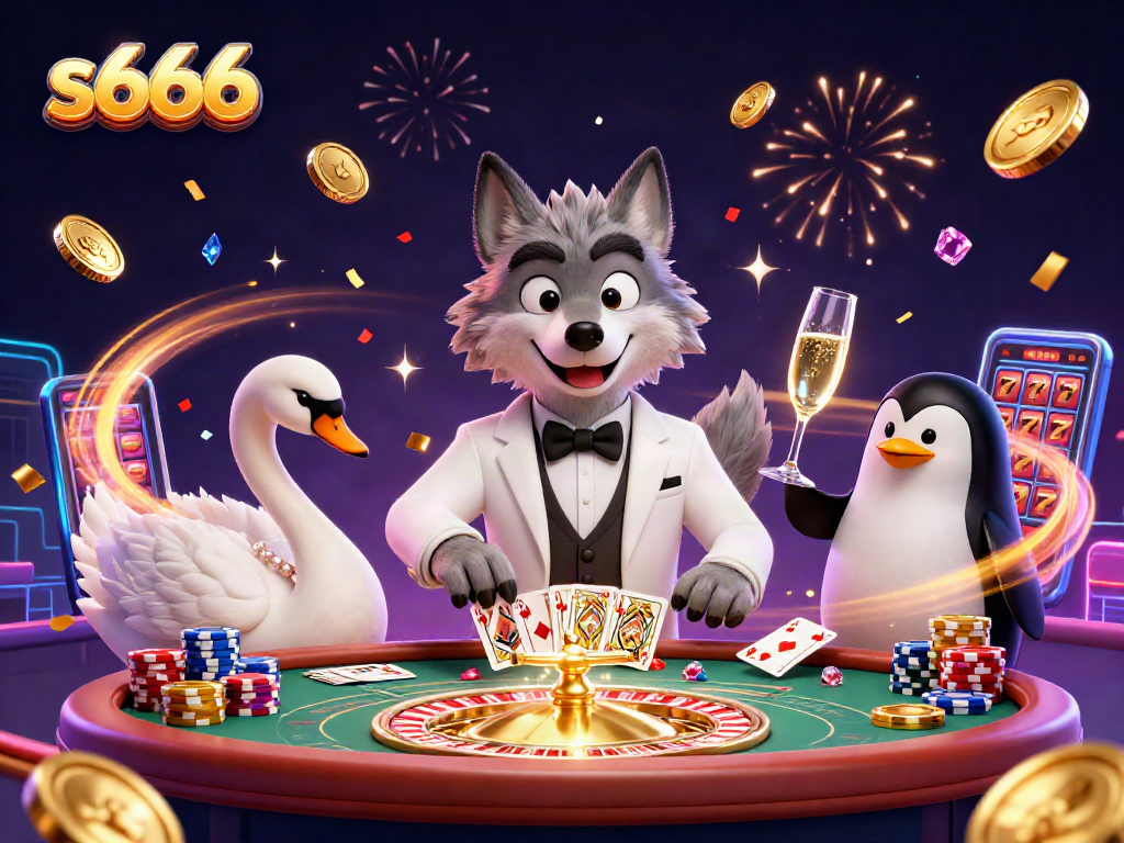 S666 champions celebrate at the baccarat table with a wolf, swan, and penguin amidst golden coins.