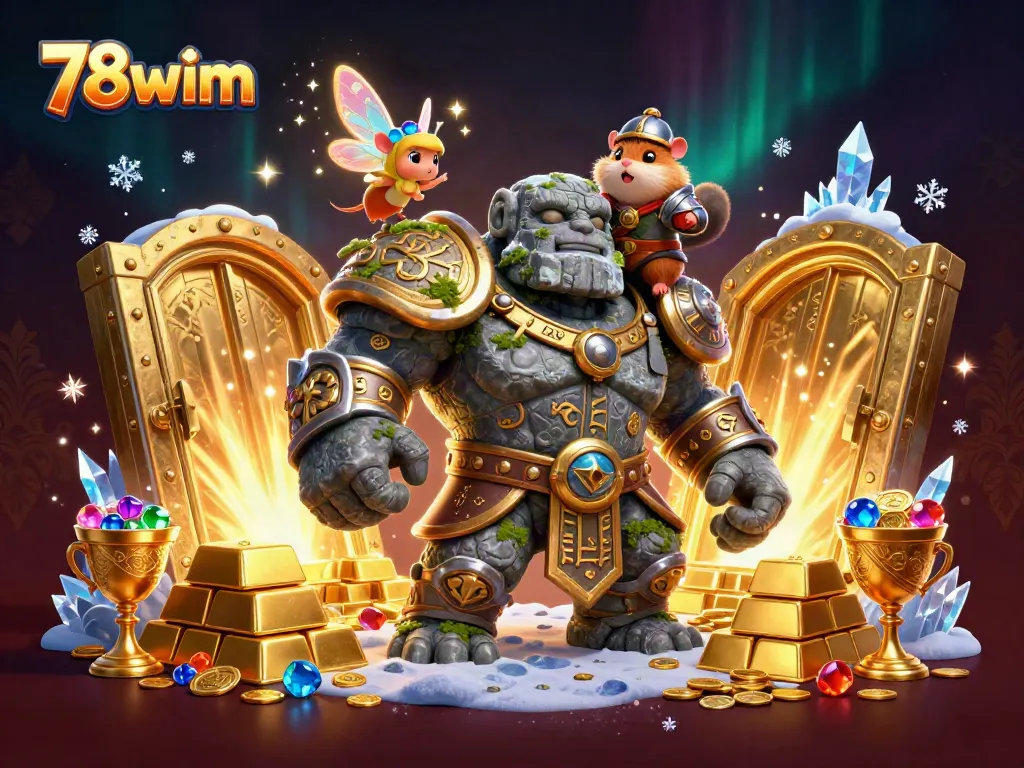 78wim showcases an animated casino scene with a magical golem and knight amidst treasure and sparkling elements.