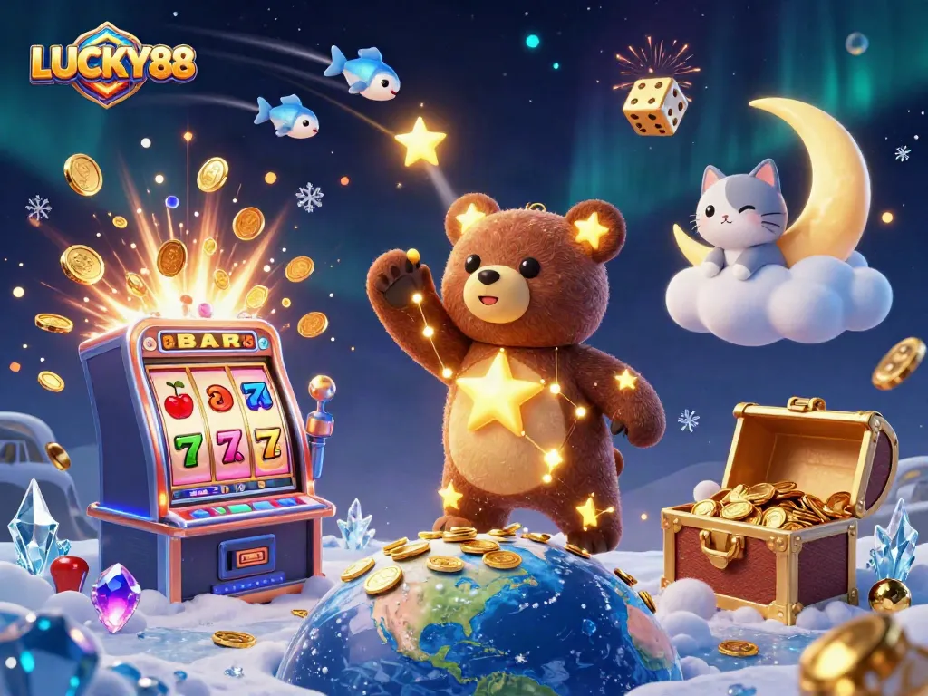 LUCKY88 spins to win with sparkling jackpot, 3D slots, and vibrant casino elements.
