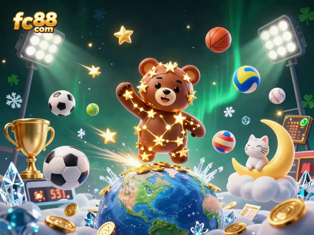 Engage in vibrant gaming action with fc88 com as the constellation bear scoops coins amidst dynamic sports elements.