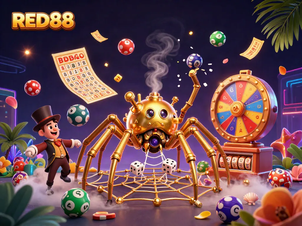 Catch winning thrills at RED88 with a spectacular 3D digital illustration showcasing vibrant casino elements.