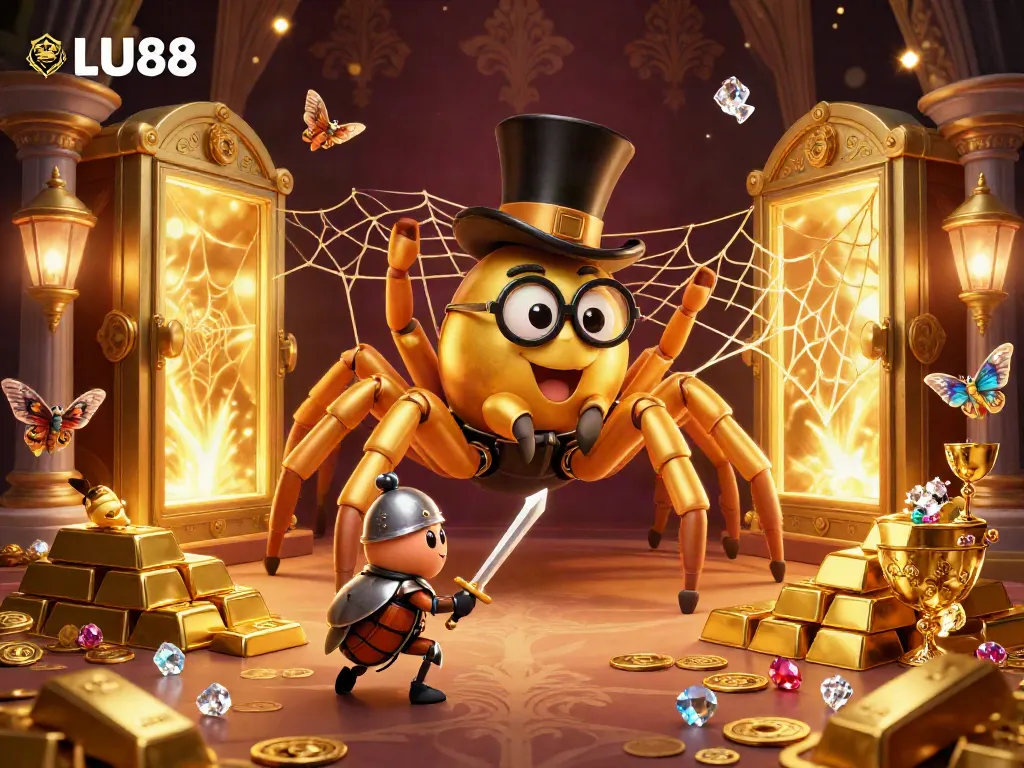 Engage with LU88's vibrant casino realm featuring a brave beetle knight and a golden tarantula.