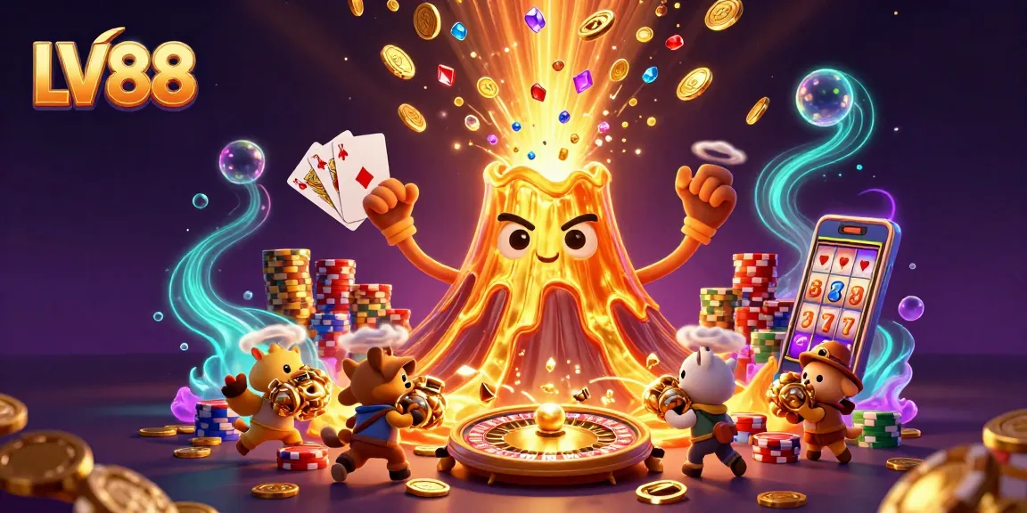 Experience thrilling wins with LV88's vibrant casino journey featuring a golden volcano and treasures.