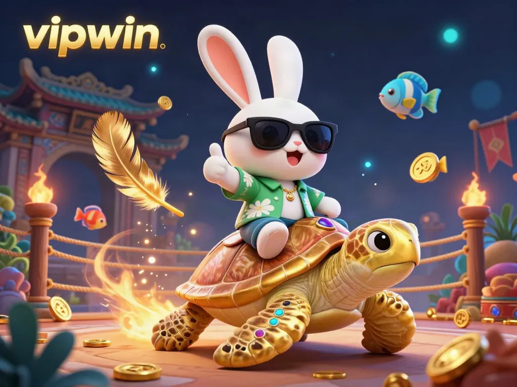 Engage in thrilling gaming action with vipwin featuring a lucky rabbit riding a golden sea turtle in a vibrant, colorful scene.