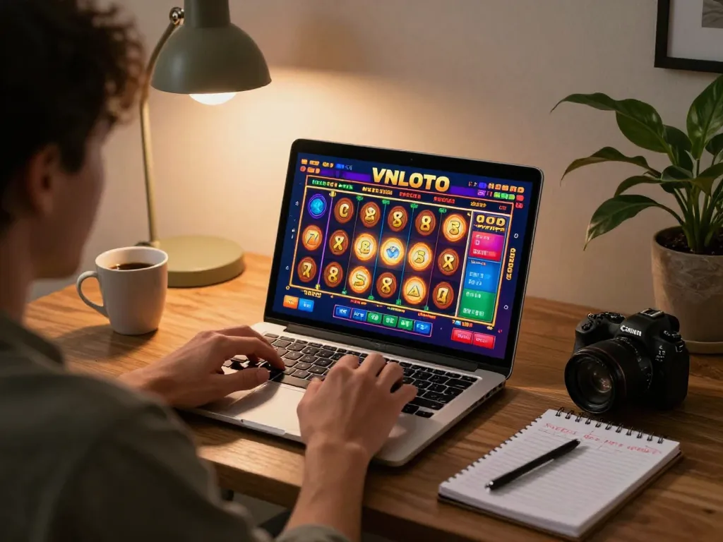Engaging in VNLOTO online gambling, player at home with laptop and colorful slot game on screen.