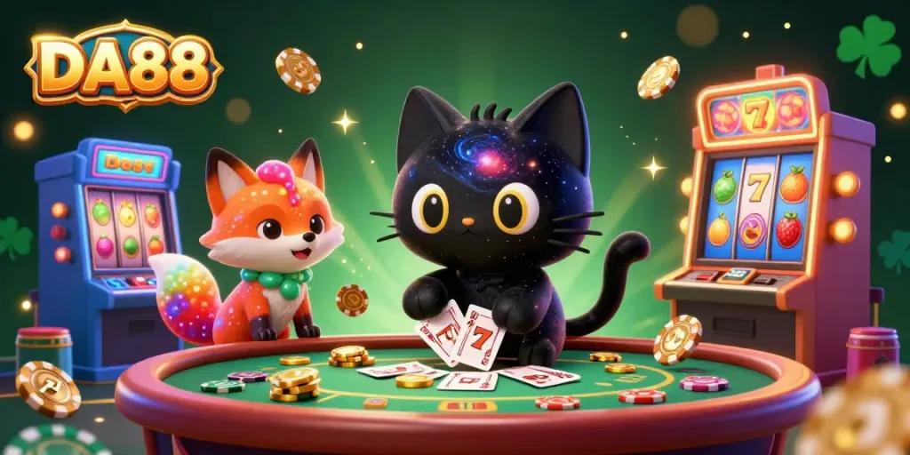Engage with DA88 at the vibrant cosmic casino, featuring a black hole cat and colorful nebula fox.