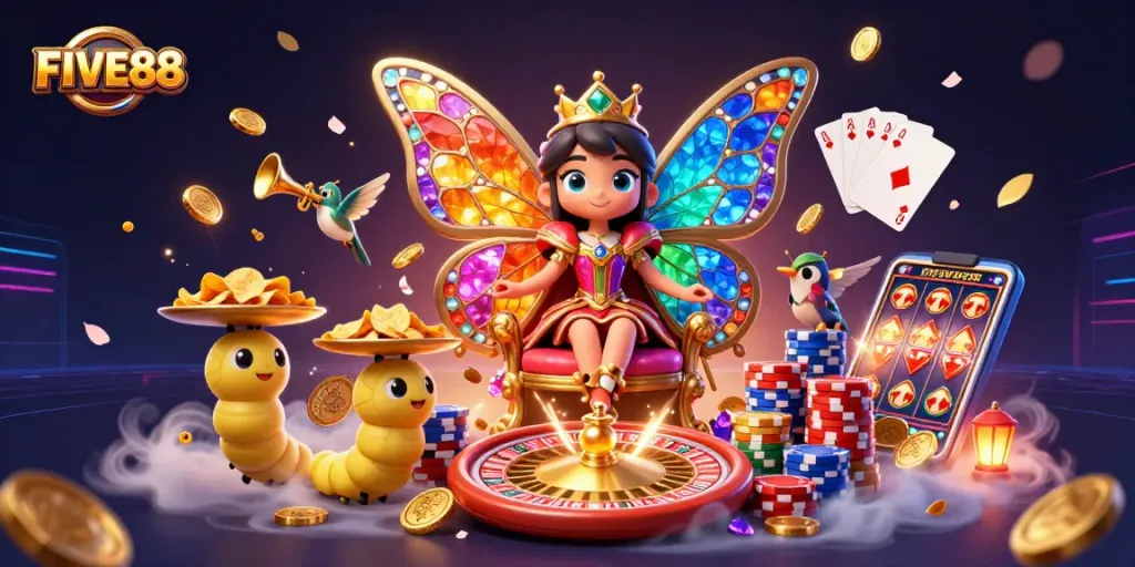 Experience the thrilling atmosphere of FIVE88, featuring a vibrant casino scene with a butterfly queen and golden game elements.