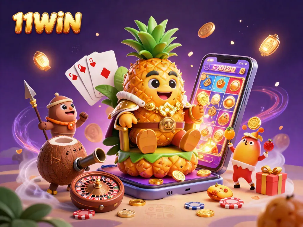 Experience the excitement of 11WIN with a vibrant 3D illustration of gaming characters and elements.