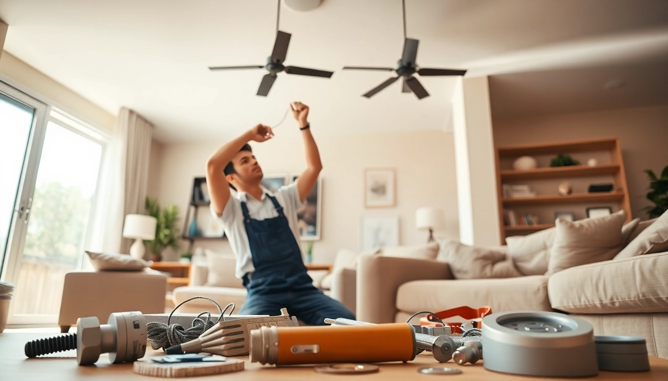 Residential electrician Burnaby installing lighting in a modern living room.