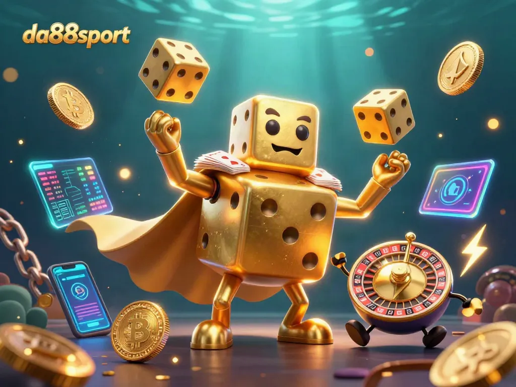 Experience thrilling gaming at da88sport with a vibrant casino-themed 3D illustration featuring dynamic characters and crypto elements.
