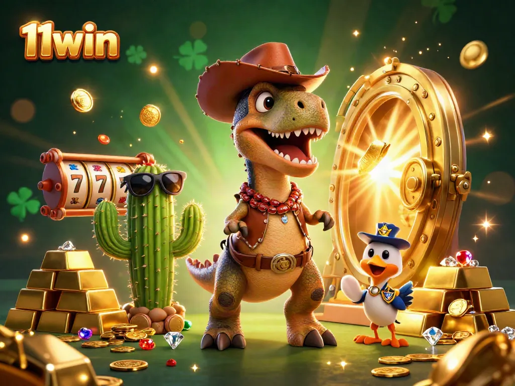 Experience excitement at 11win with vibrant characters and spinning lucky 7s in a dynamic casino scene.