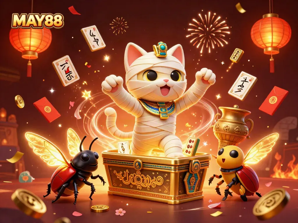MAY88 brings alive a 3D casino scene with an Egyptian mummy cat, glowing scarab, and vibrant gaming elements.
