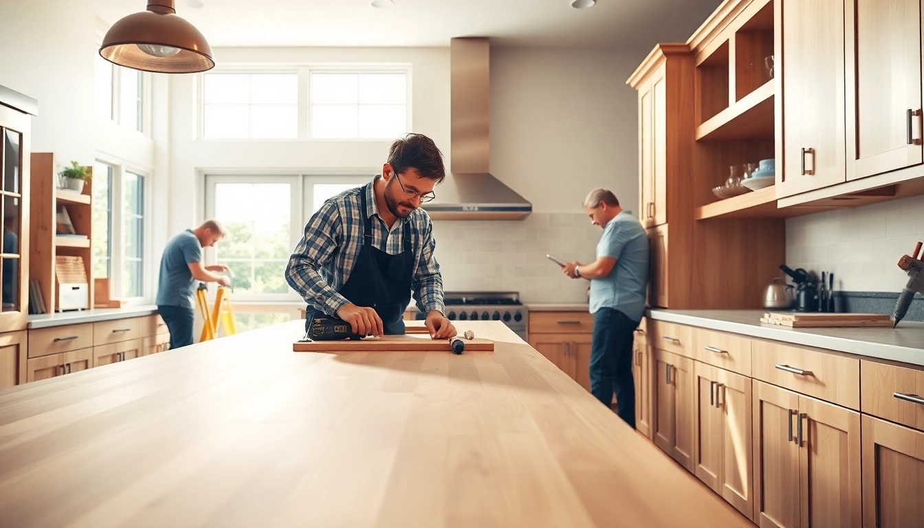 Cabinet Refacing Saint Petersburg FL process showcasing skilled professionals in a bright kitchen.