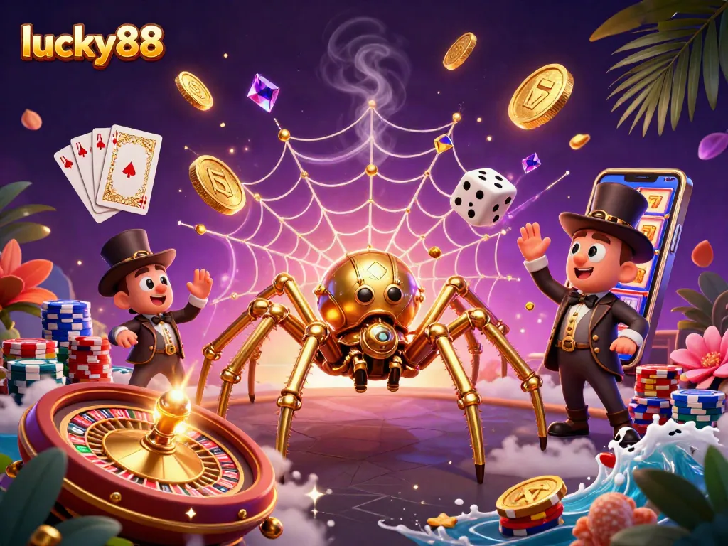 Experience thrilling gameplay with lucky88 as a steampunk spider catches dice in a vibrant casino scene.