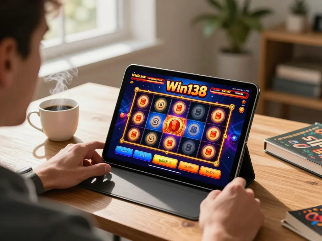 Player winning at Win138 online slots on tablet with warm home lighting and personal touches
