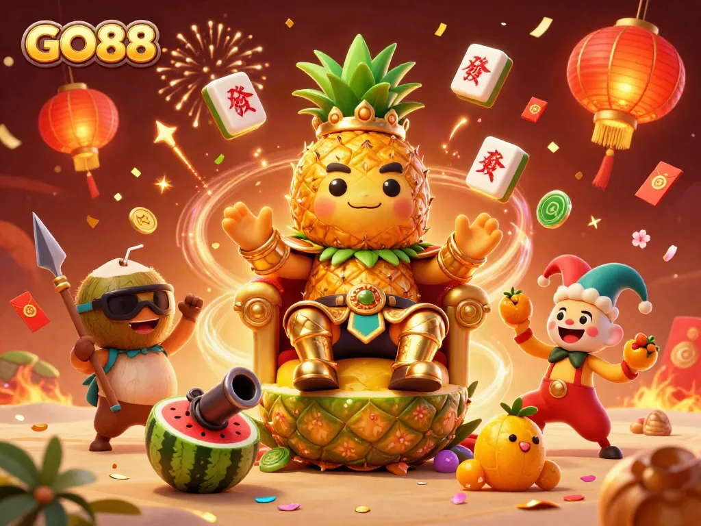 Experience GO88's thrilling gaming action with a golden pineapple king and dynamic casino elements.