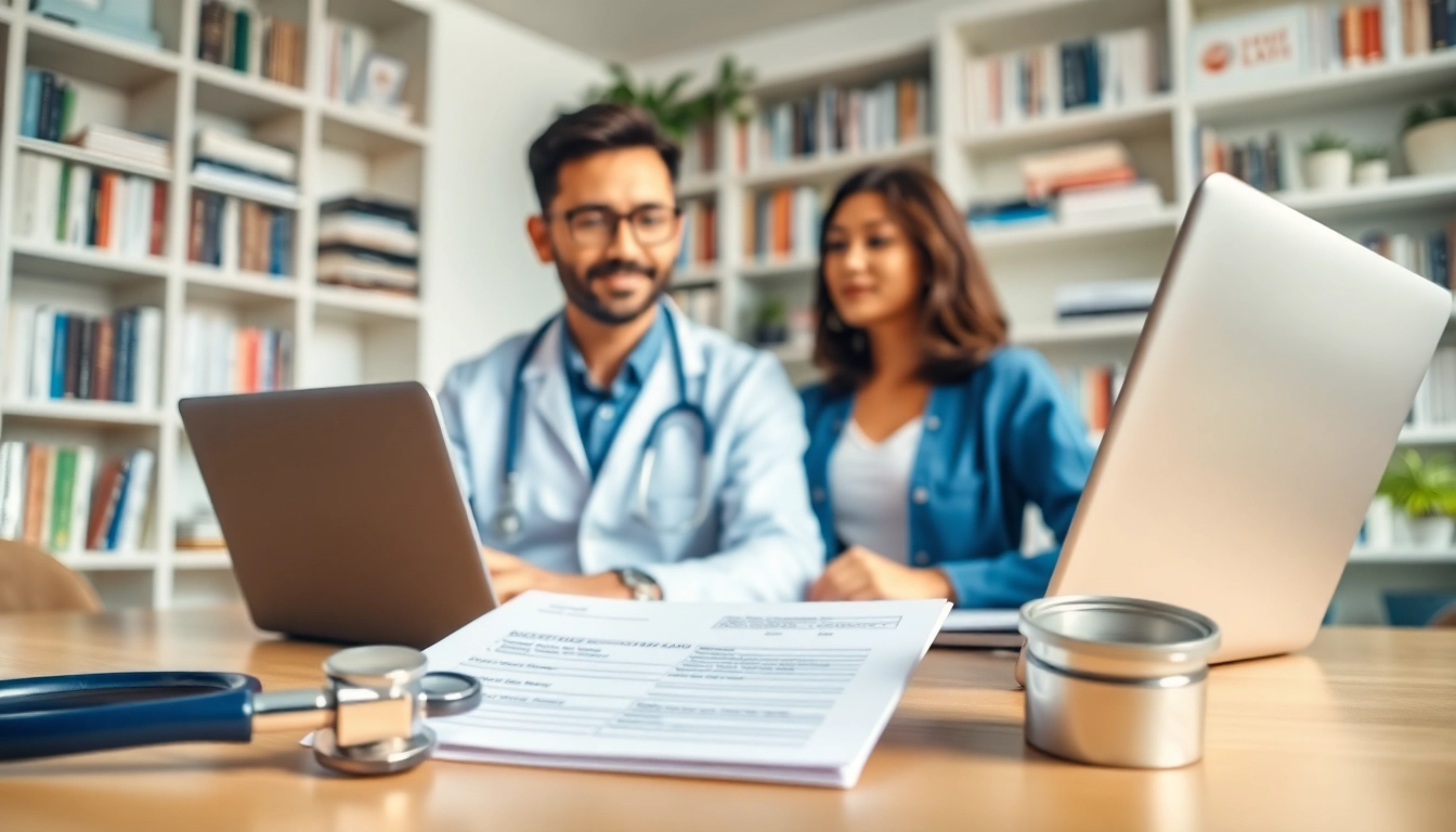 Telehealth doctor for prescriptions providing online consultation in a modern office.