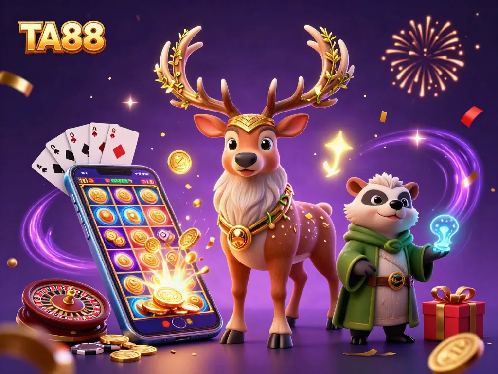 TA88 gaming scene with Celtic stag and badger amidst dynamic slot, poker, and roulette elements.