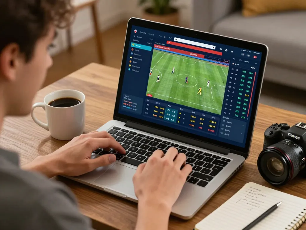 Engaged user placing bets on Sky88 uy tín online platform with laptop and notebook for tracking strategies.