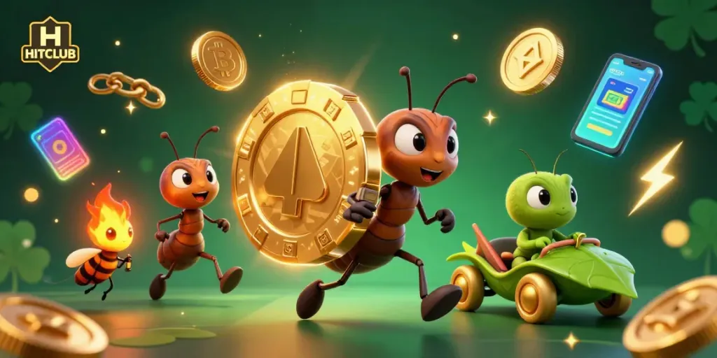 Join the HEIST with HITCLUB as cartoon ants carry a giant poker chip amidst dazzling casino elements!