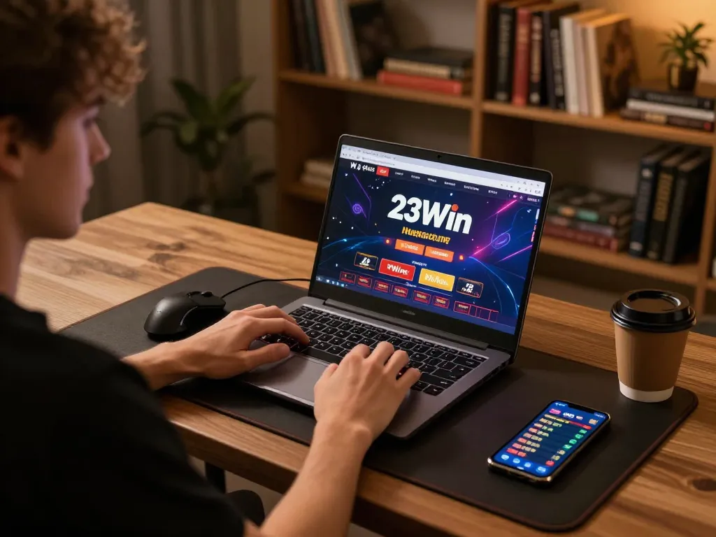 Player engaging with 23Win online casino on laptop, showcasing a modern gaming setup.