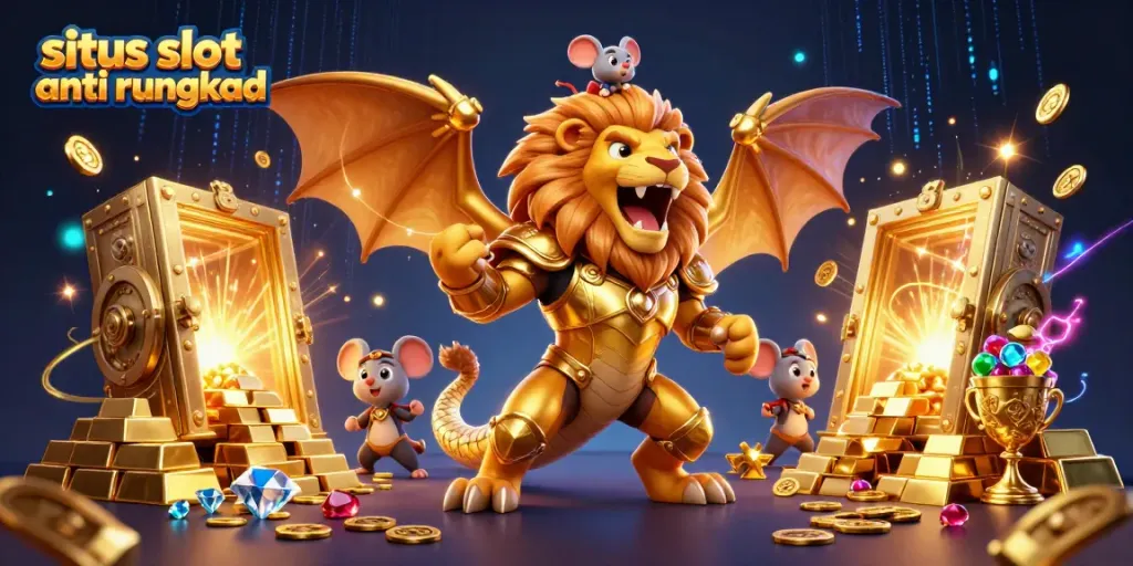 Visualisasi situs slot anti rungkad dengan makhluk chimera dan tumpukan harta berkilau, desain menarik untuk pemain.