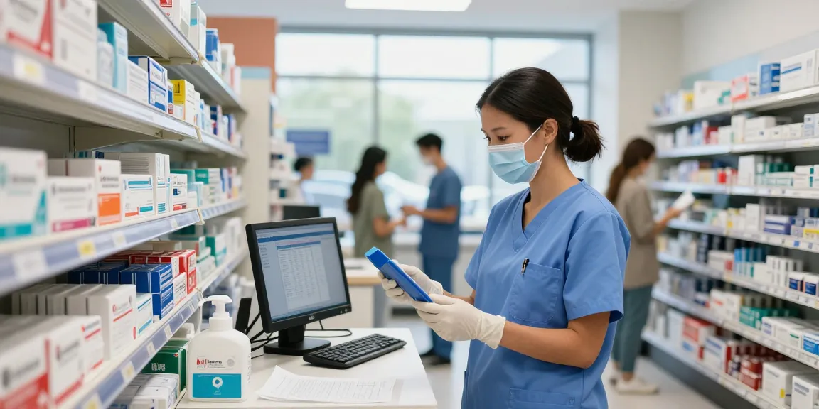 Healthcare professional inspecting Canadian medical supplies in a vibrant retail setting.