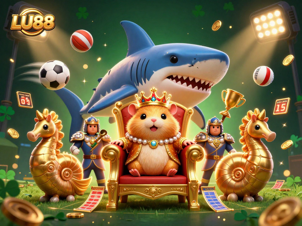 LU88 showcases an engaging online gaming scene with a fierce hamster king, surrounded by vibrant sports elements.